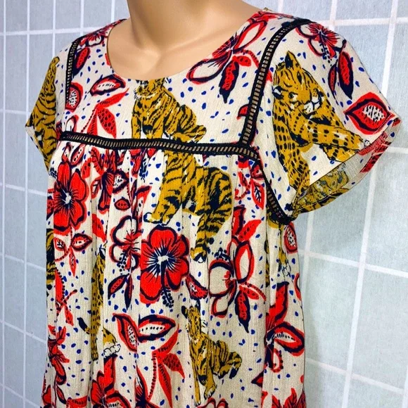 Coreylynncalter ANTHROPOLOGIE Tiger &Tropical Floral Print Summer Tunic Top XS - Picture 4 of 10